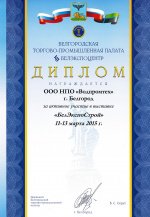 Диплом за участие в выставке «БелЭкспоСтрой» (11 - 13 марта 2015 г.)