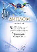 Диплом за участие в выставке «Современный город» (5 - 7 августа 2015 г.)